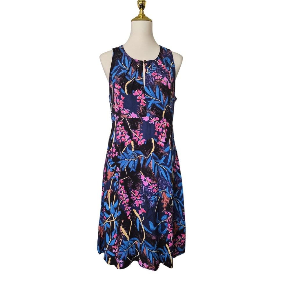 Maeve Anthropologie Floral Sleeveless Bubble Hem Dress Blue Pink Print Size 12